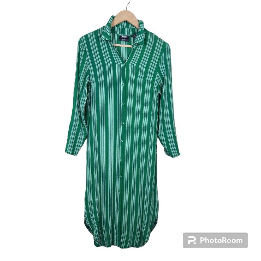 Maeve Anthropologie Kelly Green White Striped Button Down Shirt Midi Dress Sz 6